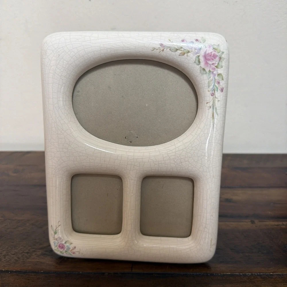Vintage Photo Frame Ceramic Victorian Pink Floral Picture Multi Ivory Crazing